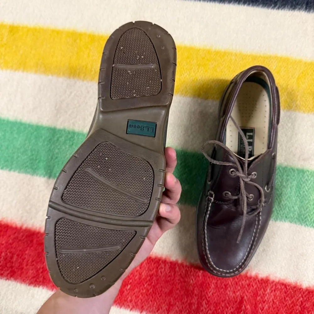 Vintage LL Bean Boat Shoes Mens 9 Brown Leather Nautical Deck Shoes
